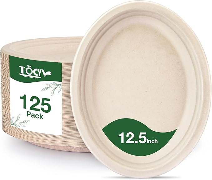 100% Compostable Paper Plates Oval 12.5in 125 Count Disposable Biodegradable Heavy Duty Large Sturdy Dinner Plates Bulk for Appetizer Dessert Cake Birthday Holiday Party Supplies