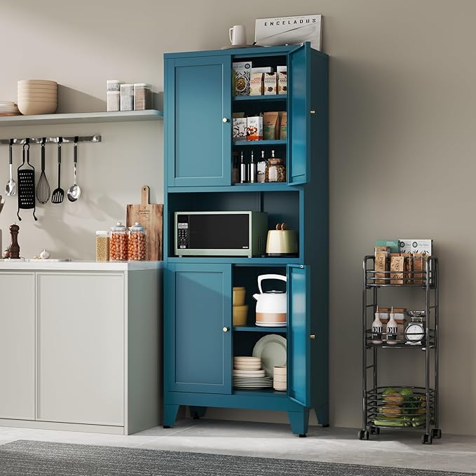 Metal Pantry Storage Cabinet, 69" Tall Storoge Cabinet with 4 Doors & 3 Adjustable Shelves, Microwave Stand with Storage for Kitchen, Dining Room, Living Room (1PC,Blue)