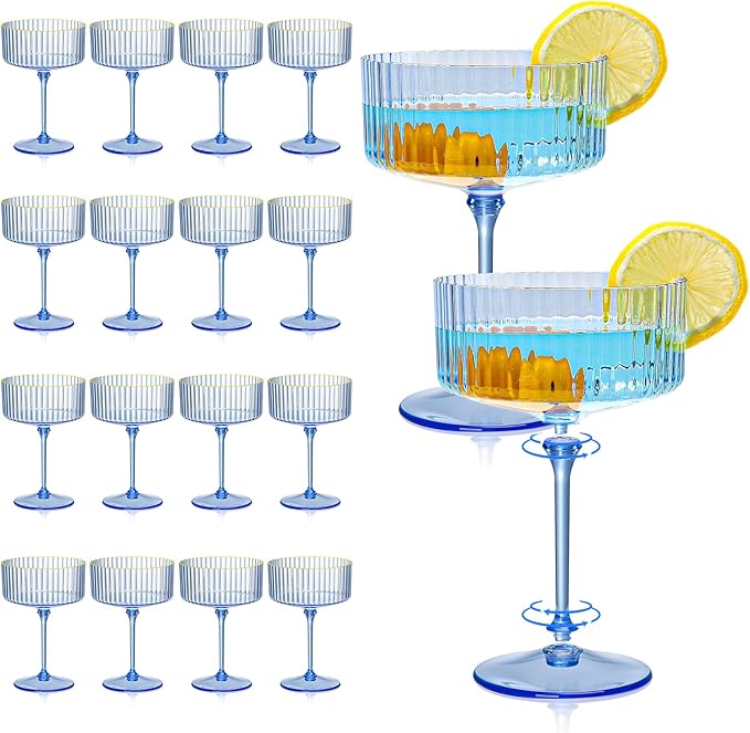 XUWAIDSGN 24 Pcs Champagne Martini Glasses 9 Oz with Gilded Removable Gold Rim Coupe Glasses Pink Martini Glasses Plastic Mimosa Vintage Coupe Glasses Set For Wedding Anniversary (24, Clear Blue)