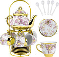 20Pcs Porcelain Tea Set with Metal Holder and Spoon, Floral Adult Tea Sets with by KUK