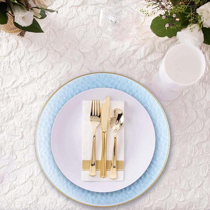 PARTY BARGAINS 13-Inch Charger Plates - 8 Pack, Hammered Blue Gold Rim, Heavy-Duty Disposable Chargers for Elegant Dining - Ideal for Weddings and Formal Events