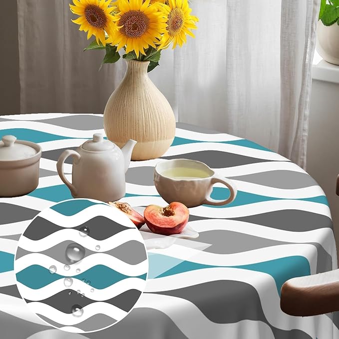 Laeacco 54 Inch Geometric Round Tablecloth Blue and Grey Waved Stripes Modern Abstract Art Print Table Cloth Washable Waterproof Wrinkle Free Table Cover for Kitchen Dining Picnic Party Decoration