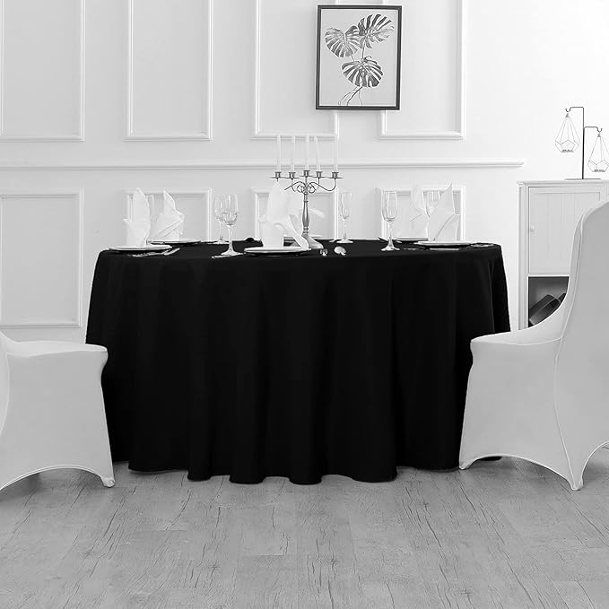 Fokitut 12 Pack Waterproof Round Tablecloth, 108 Inch, Stain Resistant and Wrinkle Polyester Table Cloth, Fabric Table Cover for Kitchen Dining, Wedding, Party, Holiday Dinner-Black