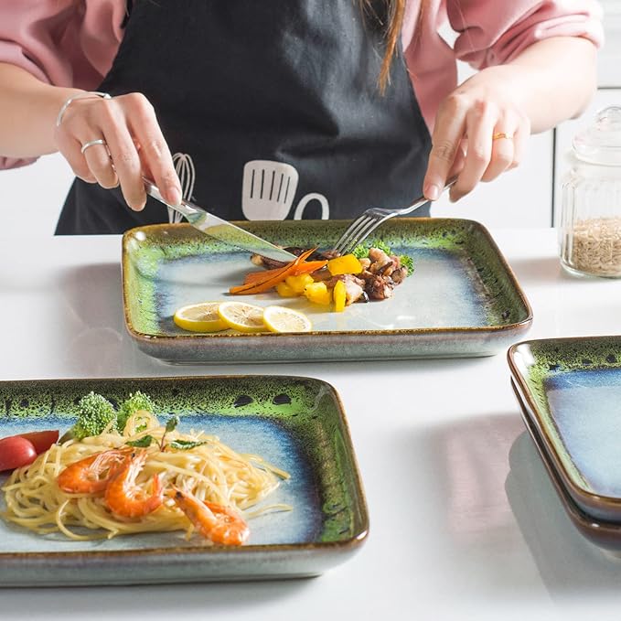 HENXFEN LEAD Square Ceramic Dinner Plates 11 Inch – Large Stoneware Serving Plates Set of 4 for Steak, Pasta & Salad, Microwave & Dishwasher Safe – Reactive Glaze Green