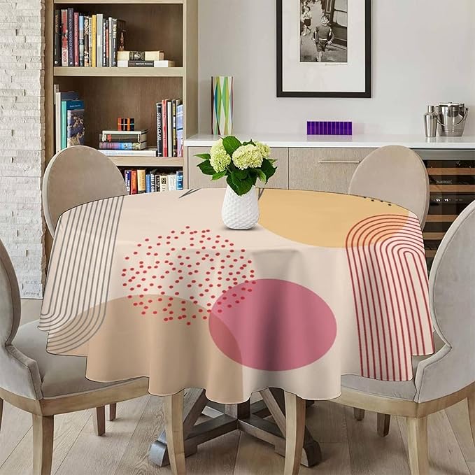 Mid Century Boho Round Tablecloth, Abstract Modern Sun Arch Curve Leaves Geometric Print Tablecloth for Home Party Dining Room Kitchen Decor 36Inch(90cm)