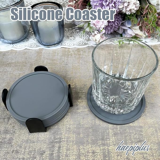 6 Pieces Silicone Coasters, Cup Coasters for Drinks, Heat Resistant Glass Cushion, Coffee Coaster for Table, Desk, Kitchen, Office, Bar Furniture Protection, Hot Cup Mat (Grey)