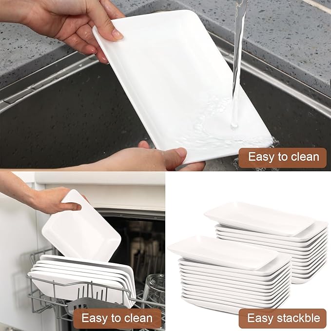 Irenare 16 Pcs 8 Inch Rectangular Salad Plates White Rectangular Porcelain Dessert Plates Appetizer Serving Tray Porcelain Platters for Fruit Sushi Dinner Parties, Microwave, Oven Safe