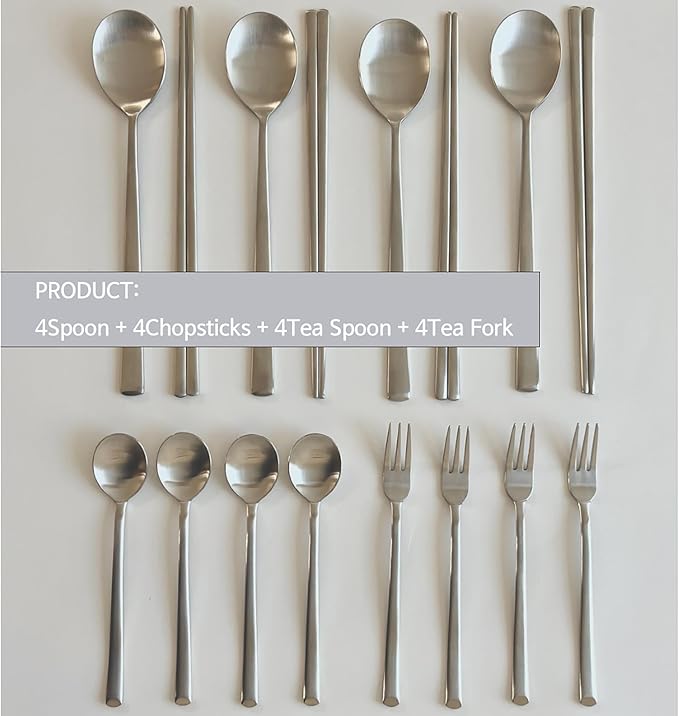 Korean Made Stainless Steel Silver Utensil Flatware Cutlery Korean Chopsticks and Spoon Set Tea Spoon and Tea Fork Set, 4SET Stocking Stuffer Gift for Mom Stocking Stuffer