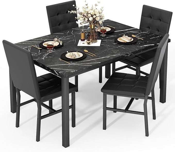 AWQM Dining Table Set for 4,Faux Marble Kitchen Table and Chairs Set of 4, Modern Dining Room Table Set for 4,Dinner Table with 4 Leather Chairs, Dinette Set for Small Spaces (Black&Black)