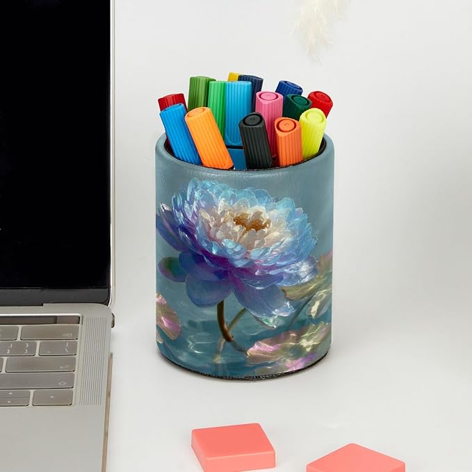 Leather Pen Holder for Desk, Water Lily Pencil Cup Pen Organizer Makeup Brush - Image 5