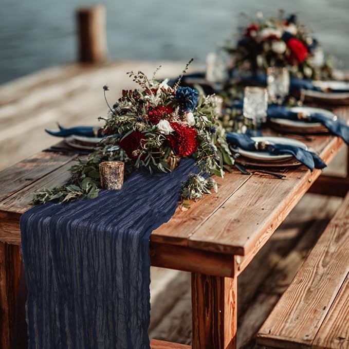 3 Pack Navy Blue Cheesecloth Table Runner 120 Inch Boho Wedding Decor | - Image 7