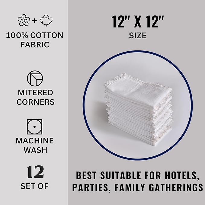 FINGERCRAFT Dinner Cloth Napkins in 100% Cotton, 12 Pieces Small Table Napkin Cloth,12 inches, Mitered Corners for Every Day Use Christmas Napkins Cloth Good Absorbency Lace White