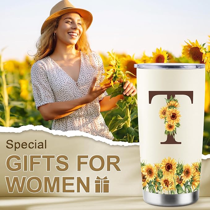 Sunflower Gifts for Women - Personalized Christmas Gifts for Women - Birthday Gift for Woman - Mothers Day Gift for Mom - Monogrammed, Initial 20oz Travel Cup Insulated Tumbler with Lid, T