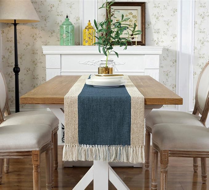Farmhouse Rustic Faux Linen Dining Table Runner 15 x 79 Inch Blue | Boho Heavy - Image 2
