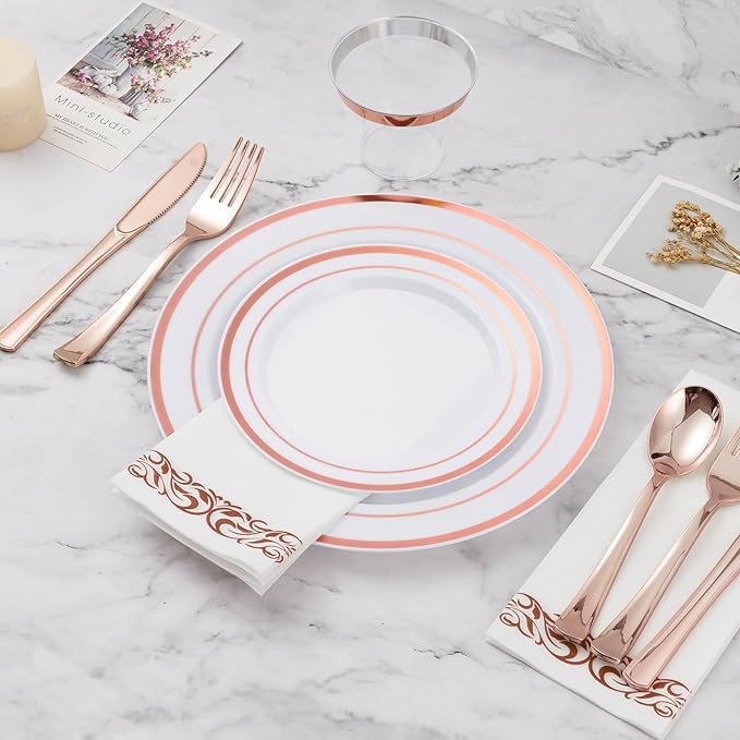 BESTVIP 350PCS Rose Gold Disposable Dinnerware Set for 50 Guests, Plastic Plates for Party, Wedding, Christmas, Include: 100 Plastic Plates, 50 Silver Silverware, 50 Cups, 50 Napkins