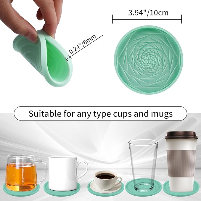 Silicone Coasters Set of 6 with Holder, Unique Rose Petal Design, Drink Coasters for Table Protection, Cup Mat for Hot-Cold Beverages, Modern Non-Slip, Non-Stick Design, Ideal Gift(6 Pack, Mint Green)