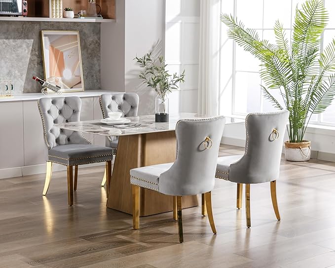 KCC Velvet Dining Chairs Set of 6, Upholstered High-end Tufted Dining Chair with Nailhead Back Ring Pull Trim Stainless Steel Legs, Contemporary Nikki Collection Modern Style for Kitchen, Light Gray