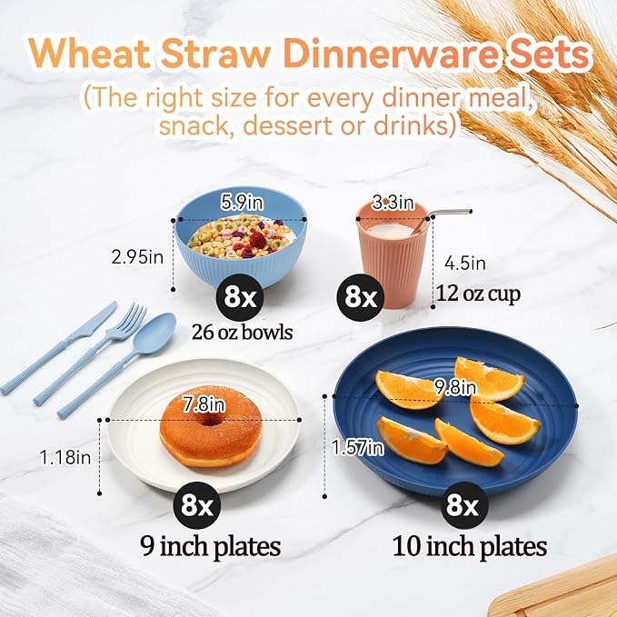 Wheat Straw Dinnerware Sets, 64-Piece Beige Plates and Bowls Sets - Image 2