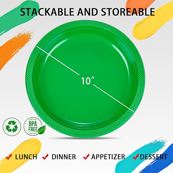 WELLIFE Green Party Plates 10 Inch -150 Count, Disposable Plastic Dinner Plates for Party St. Patrick's Day Easter