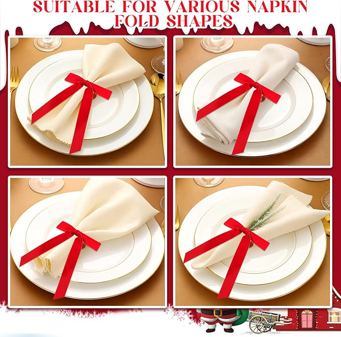 Riceshoot Velvet Bow Napkin Rings Bows with Gold Semicircle Metal Napkin Ring Velvet Bow Holder for Wine Bottles Table Settings Candlestick Wedding Valentine's Day Dinner(Red,12 Pcs)