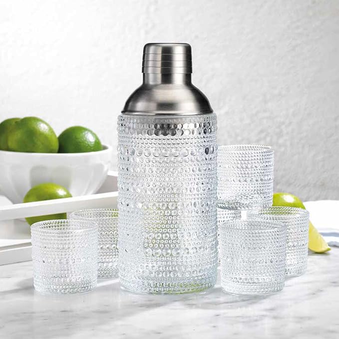 Glaver's Cocktail Shaker Set, Glass 15.2 oz Shaker, 6 Hobnail Shot Glasses - Image 4