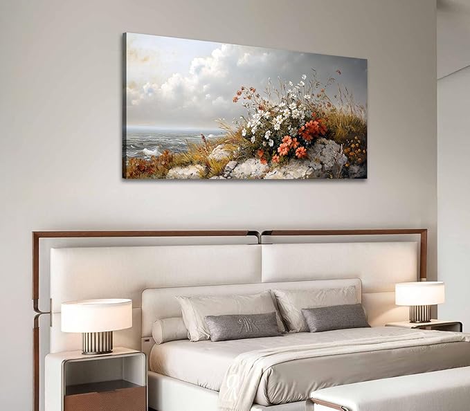 ADJUVANT Wall Art Vintage Coastal Floral Scene 48"L x 24"W, Seaside Wildflowers By The Ocean Canvas Painting Nature Artwork Coastal Blooms Prints Botanic Decor for Living Room Bedroom Bathroom Home Office