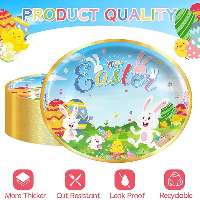 Happy Easter Oval Paper Plates 10" x 12" Serve 50, Floral Easter Party Supplies with Cute Bunny Chick Colorful Eggs Disposable Bunny Paper Dinnerware Set for Spring Holiday Birthday Party Baby Shower