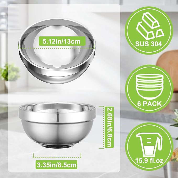 Stainless Steel Bowls, 6 Pack 5.1in 15.9oz 470ml Mini Small SUS304 Double Wall Insulated Stackable Metal Eating Bowl Containers for Serving Snacks Ice Cream Soup Cereal Food Rice Salad