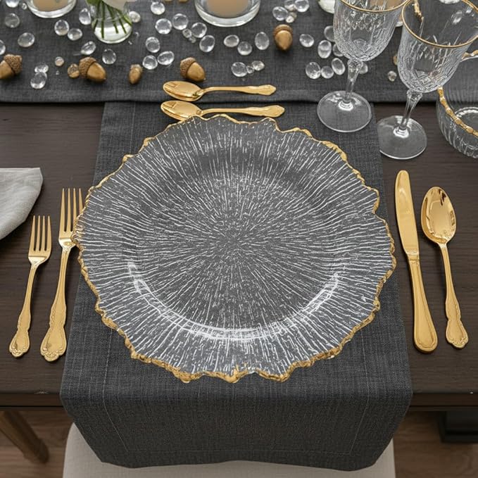 LOYALHEARTDY 25 Pack 13 Inch Charger Plates, Clear Plastic Reef Rim Charger Plates with Gold Rim, Round Decorative Underplates for Wedding, Party, Dinner Table