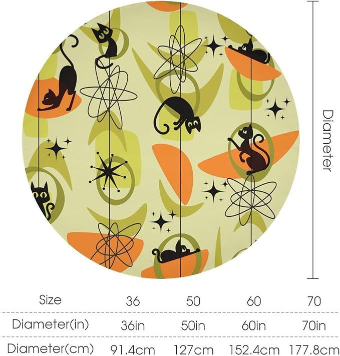 Mid Century Black Cat Round Tablecloth, Vintage Modern Bohemian Abstract Geometric Retro Art Tablecloth for Home Party Dining Room Kitchen Decor 60Inch(152cm)