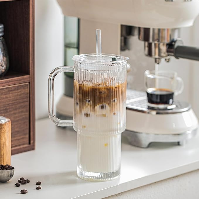 INSETLAN 26oz Ribbed Glass Tumbler with Handle & Lid – 2-Pack Large Iced Coffee Cups with Straws, Modern Glass Mug for Cold & Hot Beverages, Aesthetic Travel Cup for Smoothies, Tea, and Juice