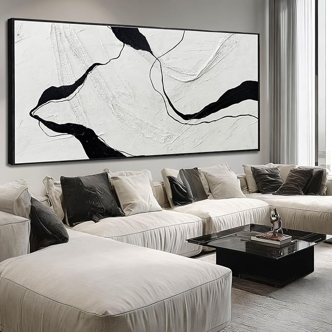 Extra Large Black Line Abstract Hand Painted Canvas Wall Art Gray and Black Minimalist Modern Painting with Framed for Living Room Bedroom Office Wall Decor 40x88 Inch