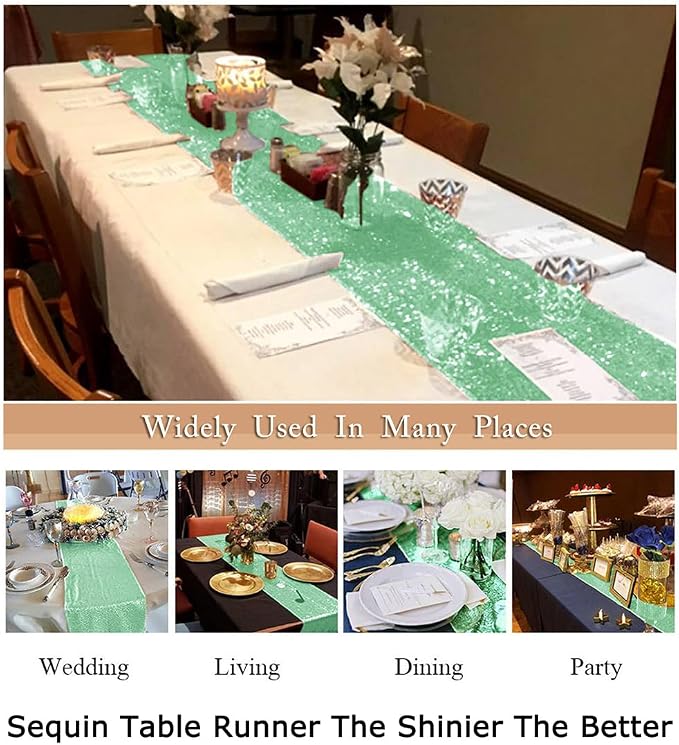 ShiDianYi 12''*72'' Mint Green Sequin Table Runner Sparkly Metallic Sequin - Image 6