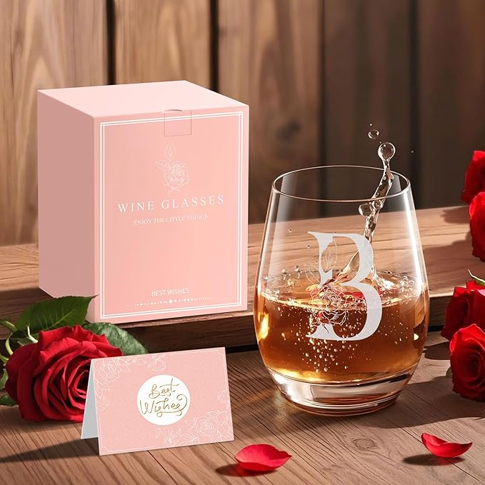 Valentines Day Gifts for Her, Gifts for Women Her Friend Mom Grandma Wife Sister Bridesmaid Nurse, Birthday Galentines Mothers Day Christmas, Personalized Initial Customized Wine Glasses 18OZ(B)