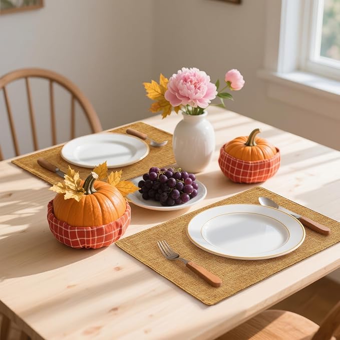 Homaxy Cloths Placemats for Dining Table Set of 4, Heat Resistant Washable Cotton Linen Blend Table Mats, Easy to Clean Place Mats for Indoor Outdoor Party Kitchen Decoration, 13" x 19", Amber