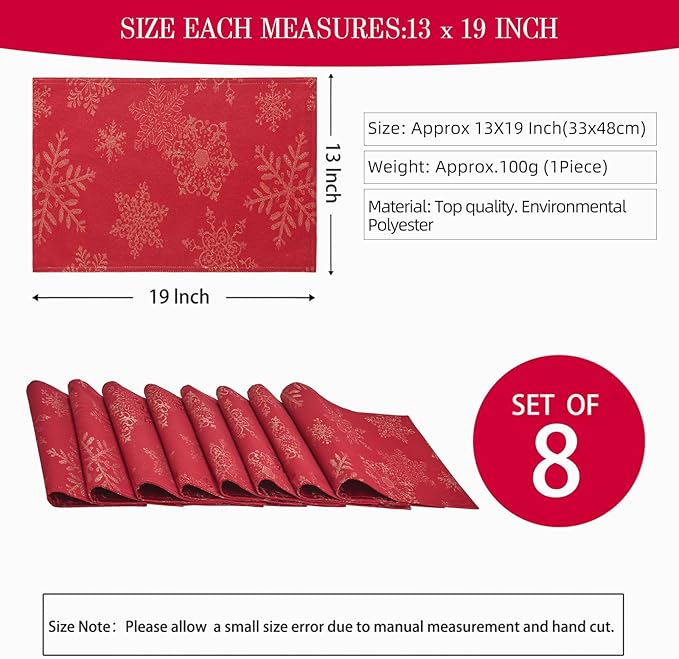 Cloth Place Mats Set of 8–Reusable Rectangular Waterproof Fabric Polyester Washable Wipeable Heat Resistant Jacquard Sparkling Metallic Snowflake for Kitchen Table(Red Gold/13x19 Inch)