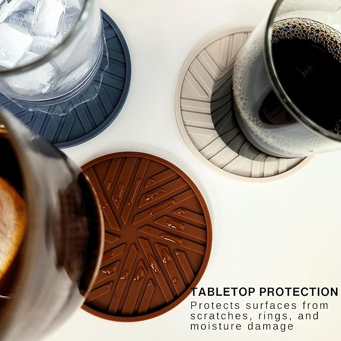 Silicone Coasters for Drinks -Set of 6 - with Smart, Modern, Groove Patterns & Gold Holder - Protection Your Coffee Table from Condensation Cups, Home Office Decor Boho Vintage
