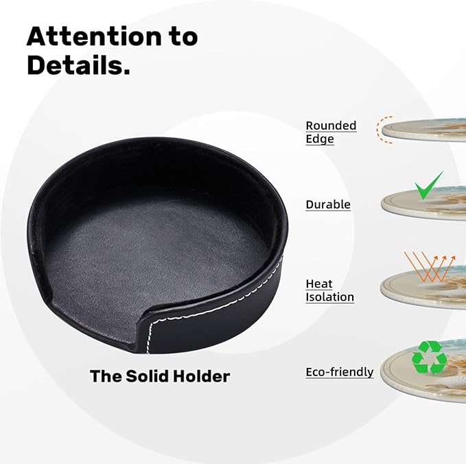 Beach Coasters for Drinks with Holder Round Leather Coasters Set of 6 Cups Mugs Mat Pad for Home Kitchen Bar