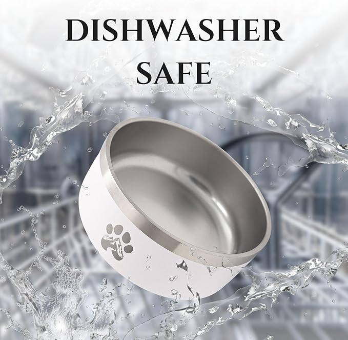 Stainless Steel Dog Bowl for Small-Large Dogs | Double Wall Insulated, Non-Slip Base Heavy Duty Water and Food Bowls for Dogs & Cats | Pet Safe BPA Free & Dishwasher Safe | 32 Oz - White