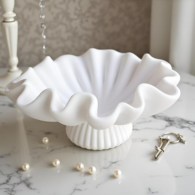 10" Large Decorative Bowl decor - milky white Scalloped Decorative Bowls for Home Decor - Organic Fluted Modern Home Decor,Ruffle Decor key bowl,bowl for keys