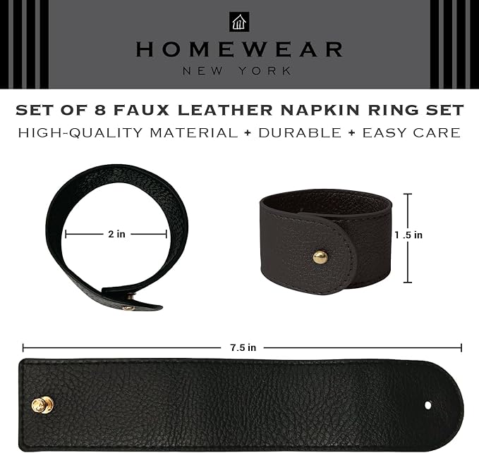 Luxury Leather Napkin Rings Set of 8, Black, Morgan Faux Style, Modern Cuff Design for Wedding Party Decorations, Kitchen, Holiday Table,Rust Proof,Hotel, Home, Table Accessories, Dining