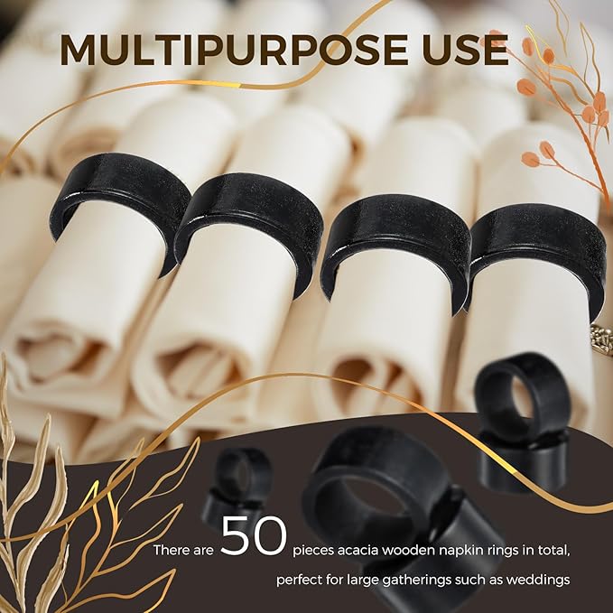 Zhehao 50 Pcs Wood Napkin Rings Bulk Acacia Handmade Dining Table Napkin Holder Buckles for Winter Spring Valentine's Day Wedding Dinner Harvest Holiday Table Decoration(Round,Black)