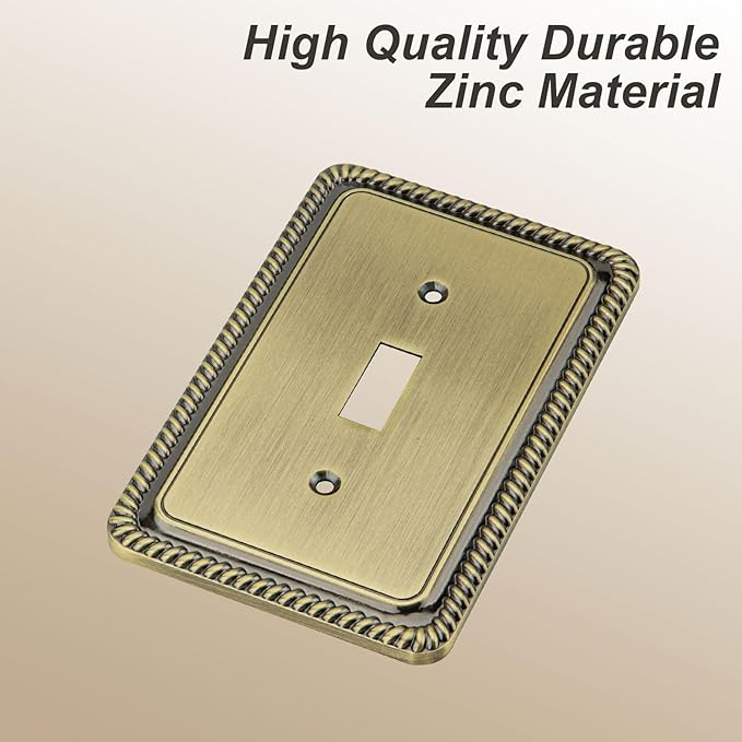 Henne Bery Rope Edge Decorative Wall Plate Switch Plate Outlet Cover (Single Toggle, 3 Pack, Antique Brass)