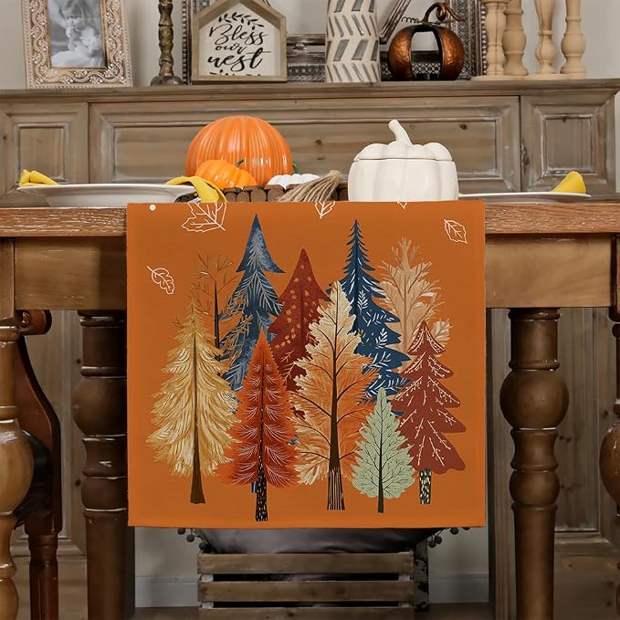 Fall Watercolor Tree & Maple Leaves Table Runner 13x36 Inch, Rustic Farmhouse - Image 3