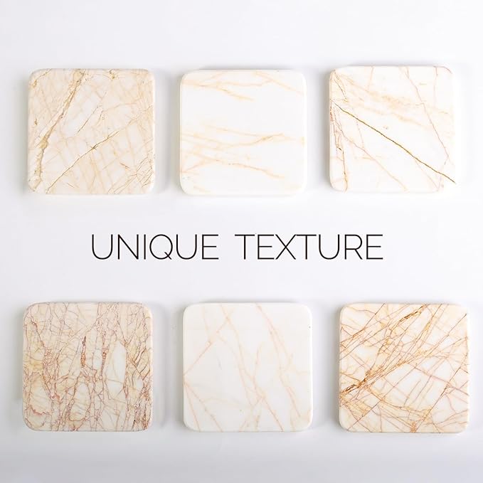 Koville Marble Coasters Set of 5, Square Coasters with Holder for Drinks, 4" Cup Coaster for Coffee Table Home Office Bar Decor, Heat Resistant Decorative Drink Coaster (White&Gold)
