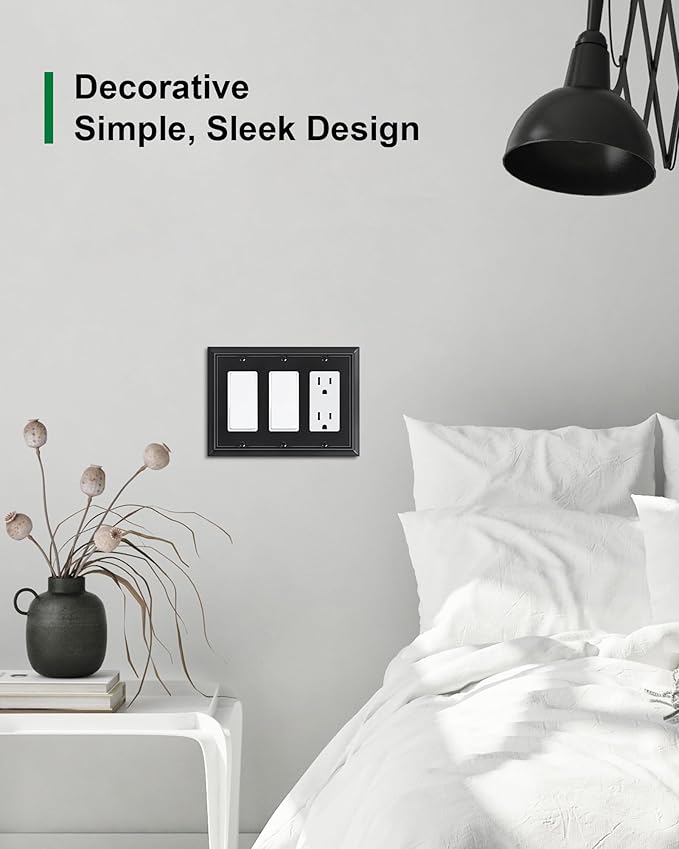 2-Pack Decorative Tripple Decorator Outlet Cover Plate, Durable Natural Bamboo Fiber Matte Black Wall Plates for Electrical Outlets, Receptacle, GFCI Outlet, Dimmer Switch, 3-Gang, Corrosion Resistant
