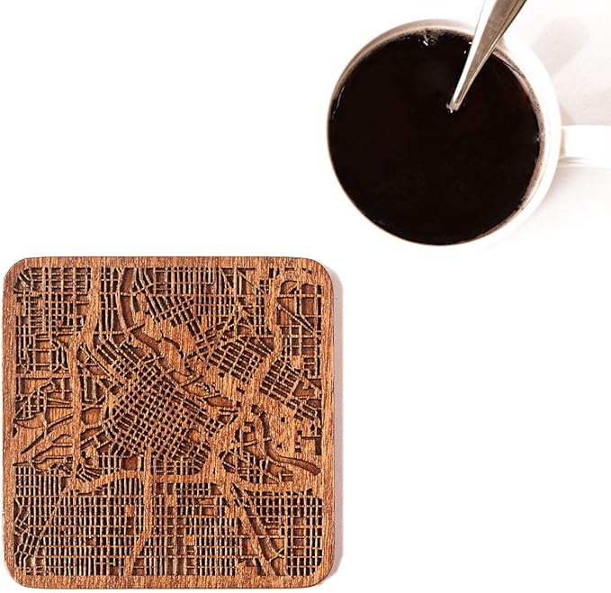 Minneapolis Map Coaster, Set of 4, Sapele Wooden Coaster with city map, Multiple city optional, Handmade
