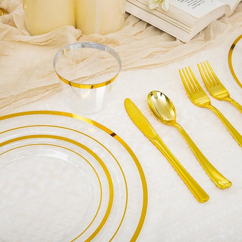 150 PCS Clear Gold Disposable Dinnerware Set for 25 Guests, Clear and Gold Plastic Plates for Party, 25 Dinner Plates, 25 Salad Plates, 25 Cups, 25 Spoons Forks Knives for Wedding and Party Supplies