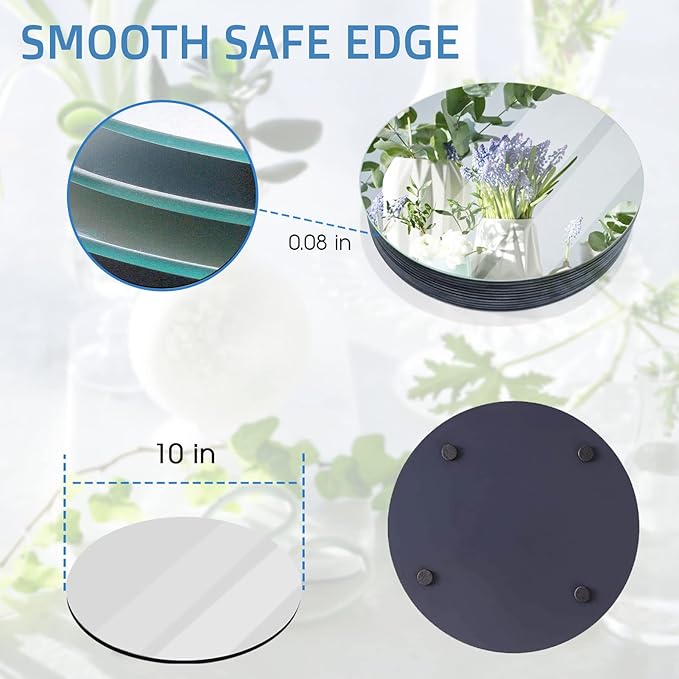 VASUHOME 10" Round Mirror Centerpieces for Tables, Glass Mirror Tray Set for Wedding and Party Decorations, Circle Mirror Plates with Smooth Edge and Cushioned Feet, 2mm Thick