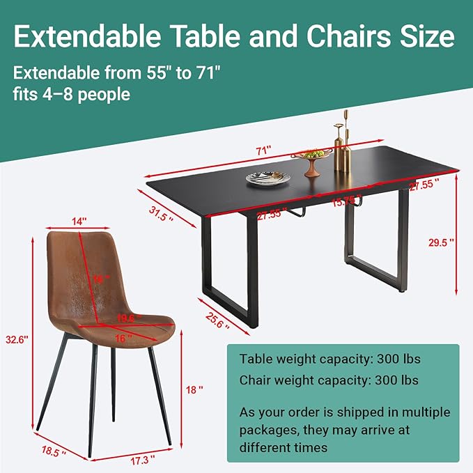 Modern Dining Table Set for 6, 55"-71" Extendable Dining Room Table Set for 6, Black Kitchen Table with 6 Upholstered Chairs, Space-Saving for Dining Room Apartment, Easy Assembly